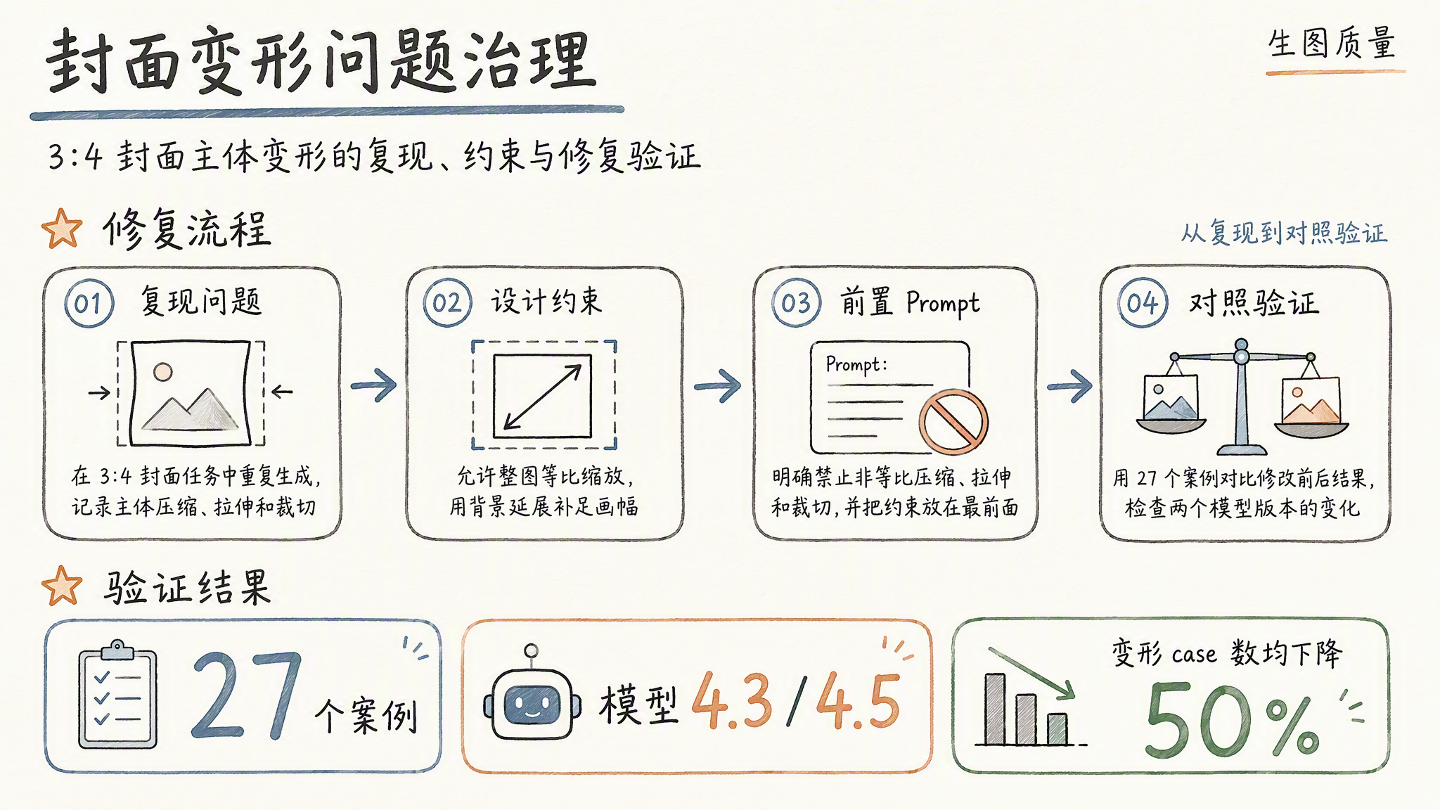 封面变形问题治理：在 3:4 封面任务中重复生成，记录主体压缩、拉伸和裁切；允许整图等比缩放，用背景延展补足画幅；明确禁止非等比压缩、拉伸和裁切，并把约束放在 Prompt 最前面；用 27 个案例对比修改前后结果，检查模型 4.3 和 4.5，变形案例数均下降 50%。