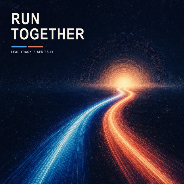 Run Together 专辑封面，蓝橙两条光轨汇向远处的暖光