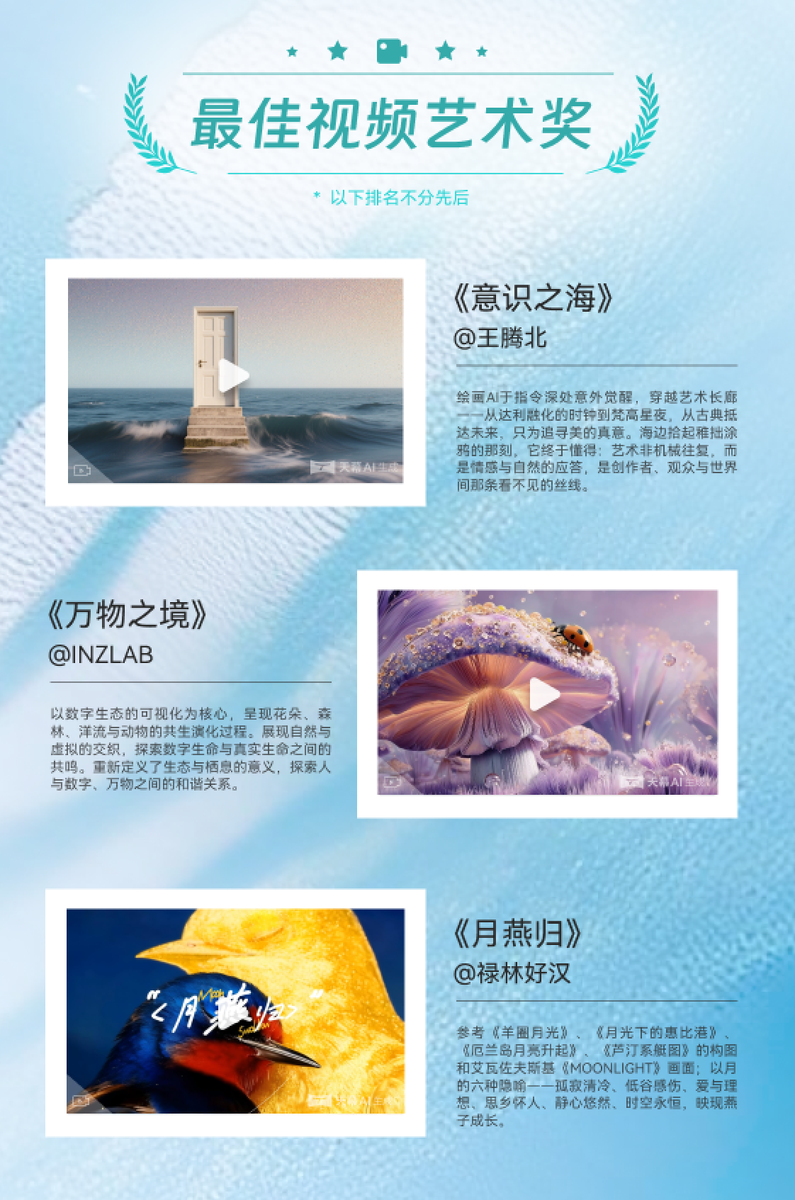 最佳视频艺术奖获奖公示，列出万物之境，署名 INZLAB，注明排名不分先后