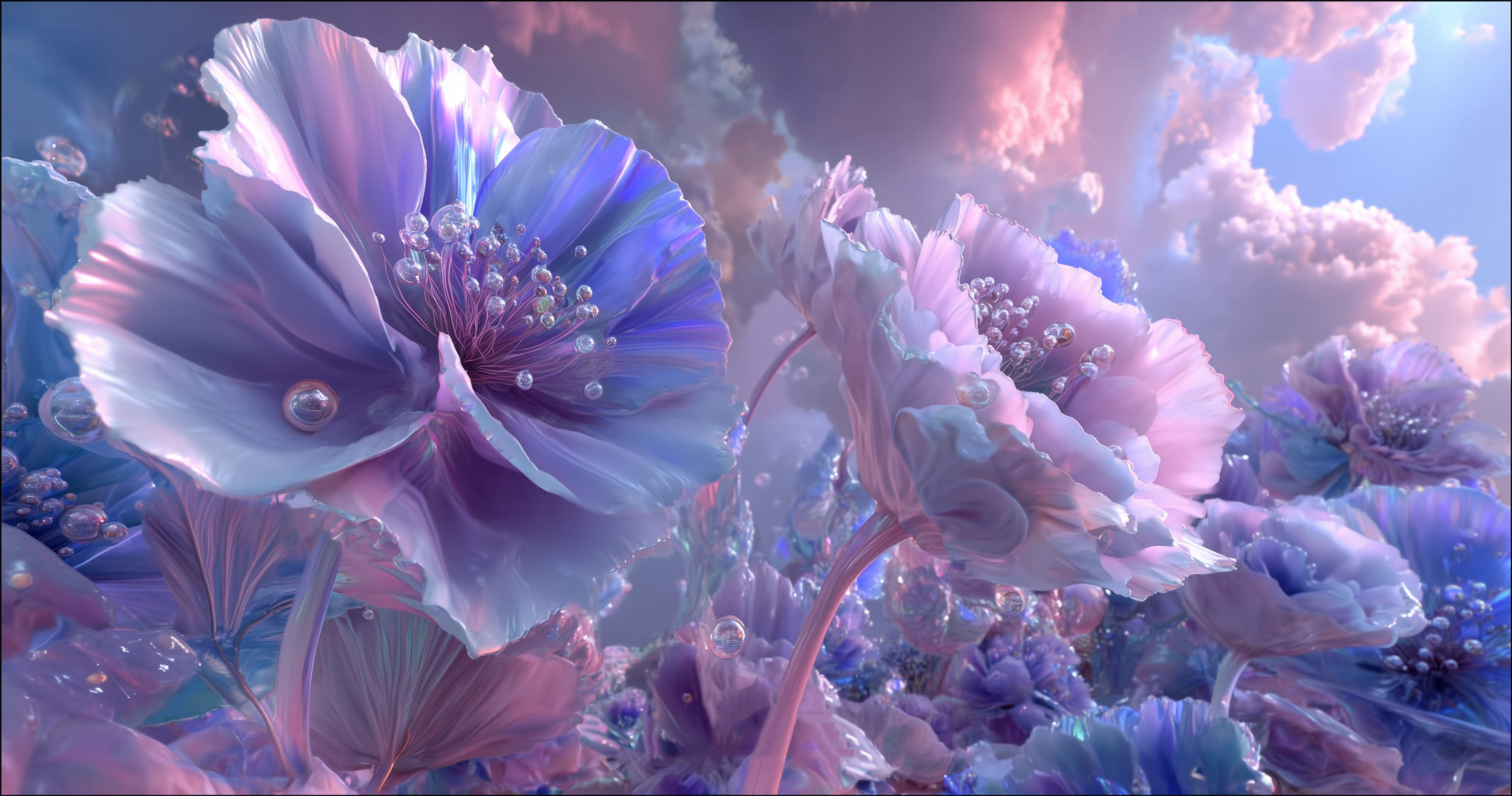 万物之境分镜图：粉蓝色花朵与透明珠状花蕊