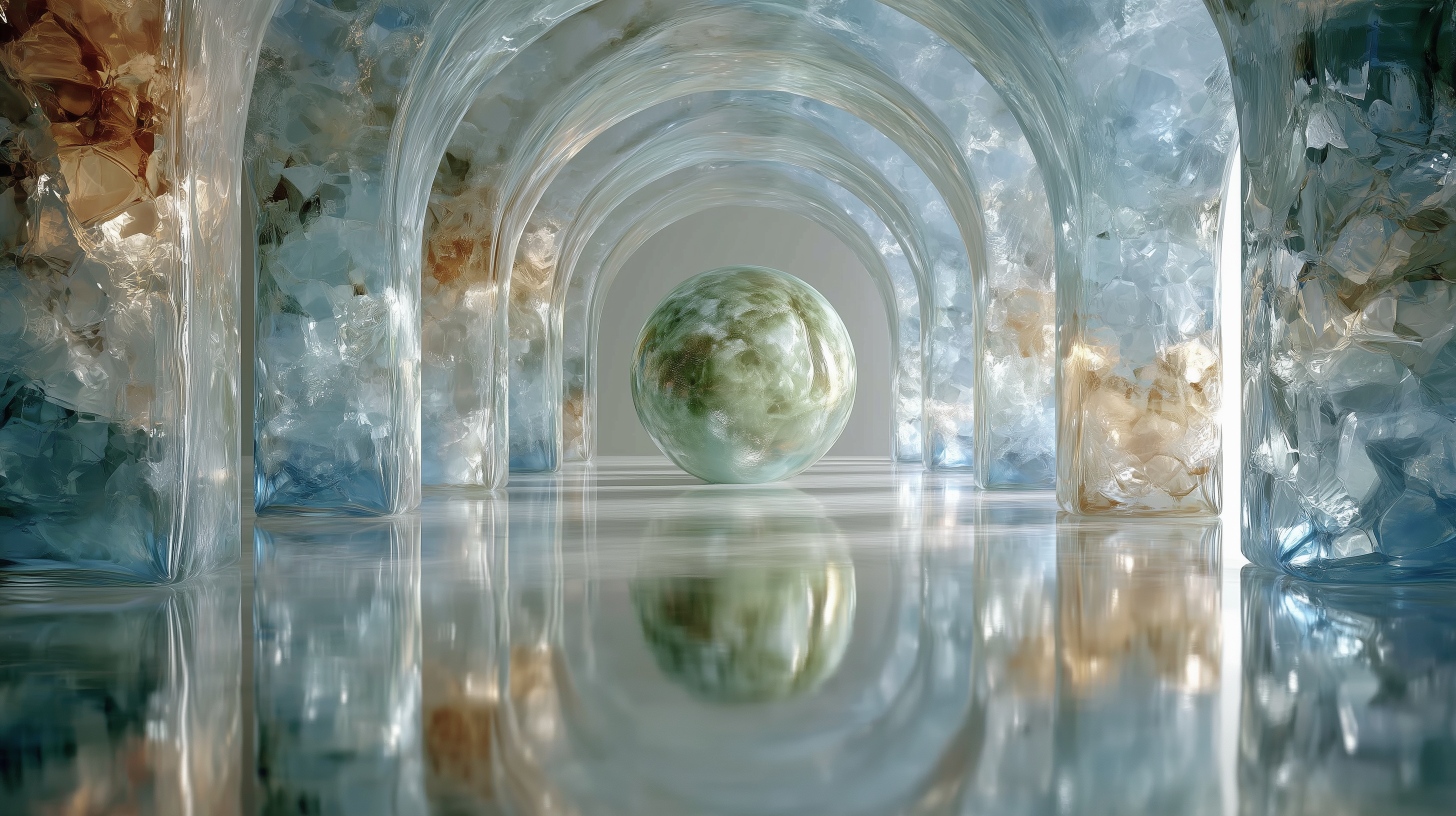万物之境分镜图：水晶拱廊尽头的绿色球体与水面倒影